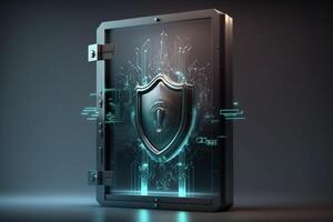 Illustration of a digital screen with a security concept lock, symbolizing protection against unauthorized access. photo