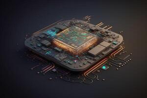 Illustration of a microchip with intricate circuitry and futuristic designs on its surface. photo