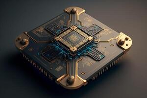 Illustration of a microchip with intricate circuitry and futuristic designs on its surface. photo