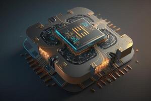 Illustration of a microchip with intricate circuitry and futuristic designs on its surface. photo