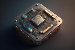 Illustration of a microchip with intricate circuitry and futuristic designs on its surface. photo