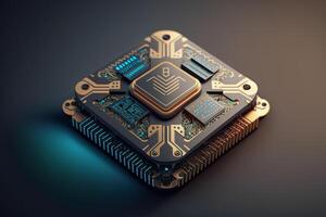 Illustration of a microchip with intricate circuitry and futuristic designs on its surface. photo