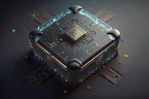 Illustration of a microchip with intricate circuitry and futuristic designs on its surface. photo