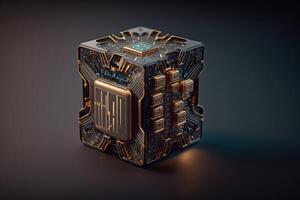 Illustration of a microchip with intricate circuitry and futuristic designs on its surface. photo