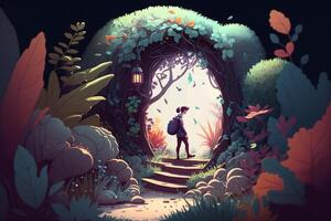 Illustration of a person who finds the door to another world hidden in a strange and fascinating garden cartoon. photo