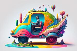 Illustration of a person adventuring through a cartoon world, riding a colorful cartoon vehicle. photo