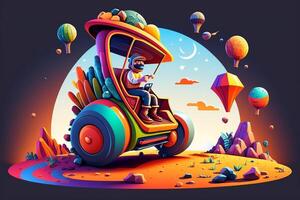 Illustration of a person adventuring through a cartoon world, riding a colorful cartoon vehicle. photo