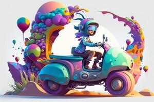 Illustration of a person adventuring through a cartoon world, riding a colorful cartoon vehicle. photo