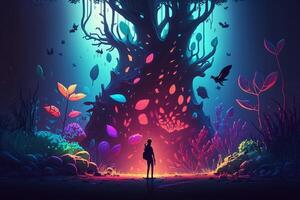 Illustration of a person exploring a magical forest filled with cartoon creatures and vibrant colors. photo