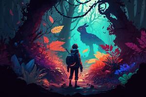 Illustration of a person exploring a magical forest filled with cartoon creatures and vibrant colors. photo