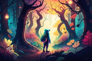 Illustration of a person exploring a magical forest filled with cartoon creatures and vibrant colors. photo