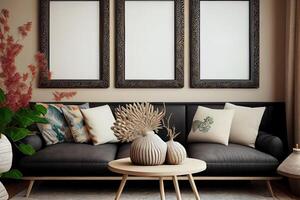 Three black wooden frames in boho living room interior background . AI Generated photo