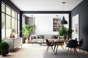 Minimal modern home with living room and dining room design, wall mockup on bright interior background . photo