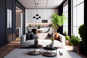 mínimo moderno hogar con vivo habitación y comida habitación diseño, pared Bosquejo en brillante interior antecedentes . ai generado foto