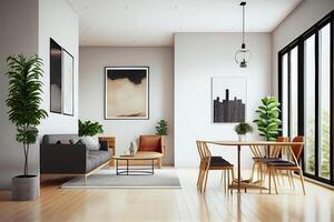 Minimal modern home with living room and dining room design, wall mockup on bright interior background . photo
