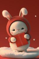 white rabbit wearing a red hat and holding a red book. . photo