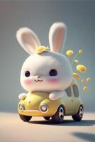 white rabbit sitting on top of a yellow car. . photo