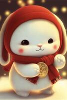 white rabbit wearing a red hat and scarf. . photo