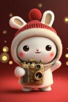 white rabbit wearing a red hat holding a camera. . photo