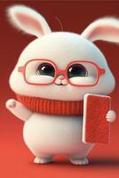 white rabbit wearing glasses holding a book. . photo