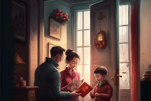 woman and two children looking at a book. . photo