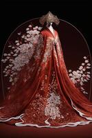 mujer en un rojo y blanco kimono. generativo ai. foto
