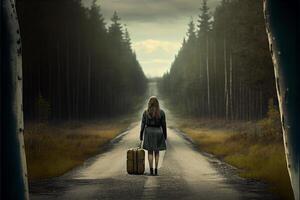 woman walking down a road with two suitcases. . photo