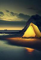 yellow tent sitting on top of a sandy beach. . photo