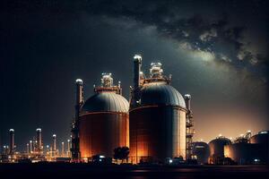 an oil refinery at night with the milky in the background. . photo