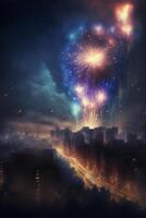 fireworks in the sky over a city at night. . photo