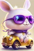 cartoon bunny driving a car with sunglasses on. . photo