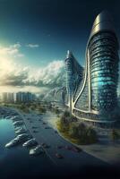 an artists rendering of a futuristic city. . photo