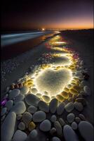 pebbles arranged in a circle on a beach at night. . photo