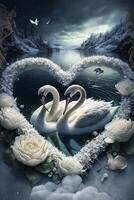 two swans in a heart shape surrounded by flowers. . photo