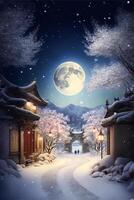 snowy night with a full moon in the sky. . photo