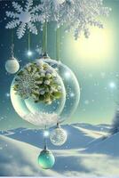 snow globe with ornaments hanging from it. . photo