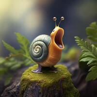 snail sitting on top of a moss covered rock. . photo