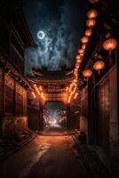 street with lanterns and a full moon in the sky. . photo