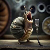 caracol sentado en parte superior de un mesa siguiente a un micrófono. generativo ai. foto