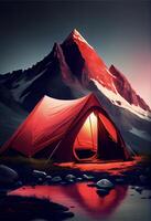 tent pitched up in front of a mountain. . photo