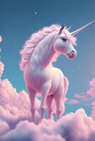 unicornio en pie en parte superior de un nube cubierto cielo. generativo ai. foto