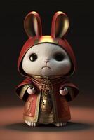 white rabbit dressed in a red and gold outfit. . photo