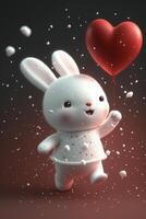 white rabbit holding a red heart balloon. . photo