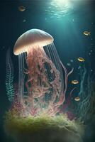 jellyfish that is floating in the water. . photo