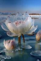 grande blanco flor sentado en parte superior de un cuerpo de agua. generativo ai. foto