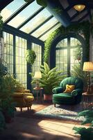 living room filled with lots of green furniture. . photo