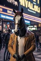 hombre en un caballo máscara en un ciudad calle. generativo ai. foto