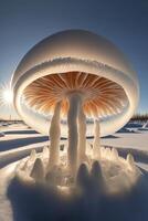 mushroom sitting on top of a snow covered ground. . photo