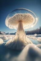 mushroom sitting on top of a snow covered field. . photo