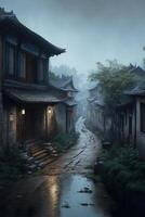 narrow street in an asian village at night. . photo